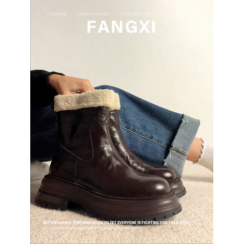 水洗牛皮冬季羊毛加絨靴子保暖雪地靴粗跟短靴女棉靴厚底切爾西靴