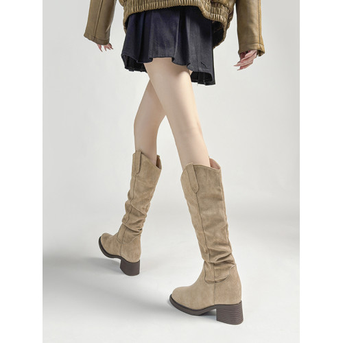 內增高9CM絨面堆堆靴子女2025秋冬新款小個子長筒靴不過膝騎士靴