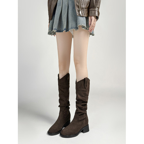 內增高9CM絨面堆堆靴子女2025秋冬新款小個子長筒靴不過膝騎士靴