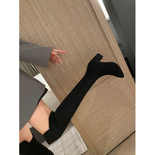 莆小妮過膝靴子女長筒靴高跟尖頭彈力長靴粗腿胖mm騎士靴女高筒靴