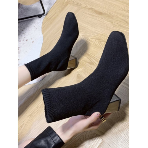 網紅簡約粗跟瘦瘦靴女2025秋季方頭針織彈力襪子靴高跟短靴女粗跟