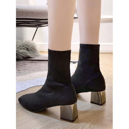 網紅簡約粗跟瘦瘦靴女2025秋季方頭針織彈力襪子靴高跟短靴女粗跟