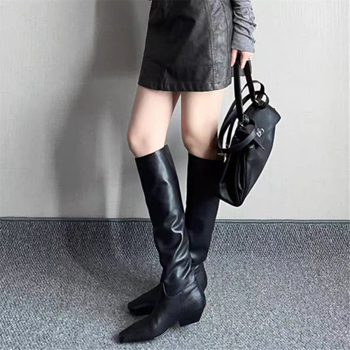 復古套筒騎士靴女方頭粗跟不過膝顯瘦高筒時裝長筒靴顯瘦高靴女