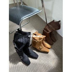 CHILIGIRL韓國皮帶釦中筒靴復古絨面美拉德西部尖頭靴子女內增高