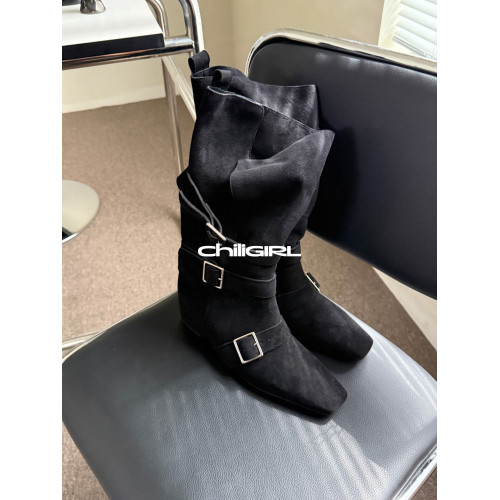 CHILIGIRL韓國皮帶釦中筒靴復古絨面美拉德西部尖頭靴子女內增高