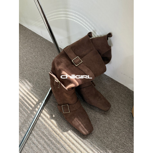 CHILIGIRL韓國皮帶釦中筒靴復古絨面美拉德西部尖頭靴子女內增高
