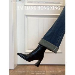 羊皮版~高跟短靴女2025秋冬新款方頭馬丁靴小個子法式粗跟瘦瘦靴