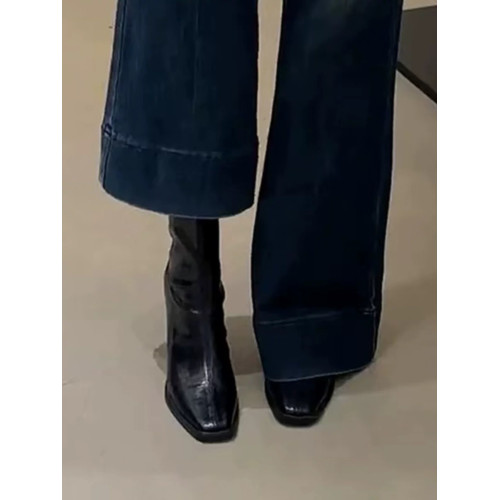 羊皮版~高跟短靴女2025秋冬新款方頭馬丁靴小個子法式粗跟瘦瘦靴