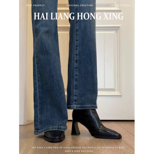 羊皮版~高跟短靴女2025秋冬新款方頭馬丁靴小個子法式粗跟瘦瘦靴