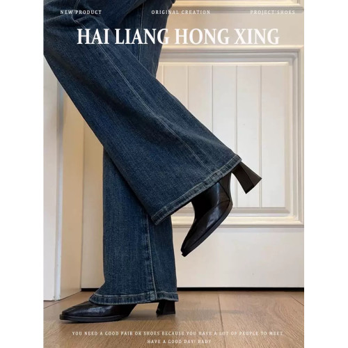 羊皮版~高跟短靴女2025秋冬新款方頭馬丁靴小個子法式粗跟瘦瘦靴