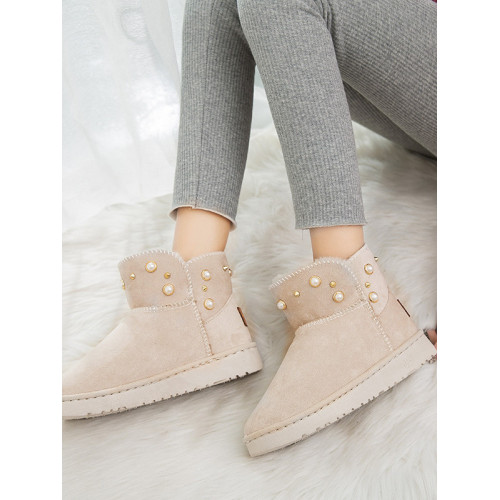 2024年新款冬季韓版時尚圓頭中筒春短筒黑色雪地靴平底保暖女靴潮