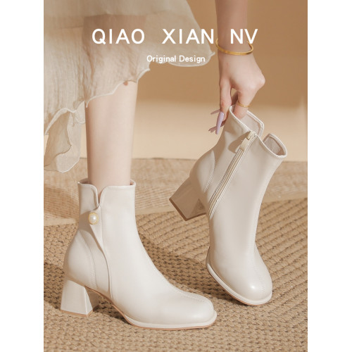 超軟~法式真皮短靴女圓頭粗跟踝靴加絨馬丁靴白色瘦瘦靴小衆靴子