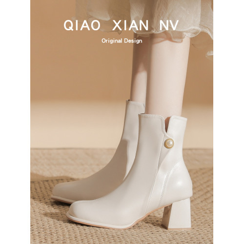 超軟~法式真皮短靴女圓頭粗跟踝靴加絨馬丁靴白色瘦瘦靴小衆靴子