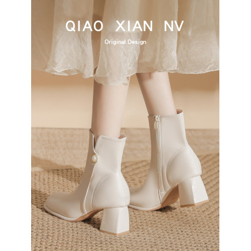 超軟~法式真皮短靴女圓頭粗跟踝靴加絨馬丁靴白色瘦瘦靴小衆靴子