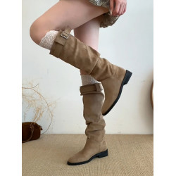 法式絨面高筒靴子2026秋冬季新款顯瘦堆堆長筒靴西部牛仔騎士靴女