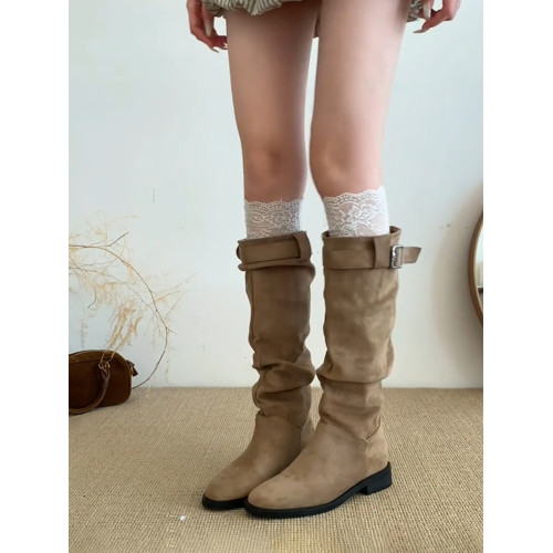 法式絨面高筒靴子2026秋冬季新款顯瘦堆堆長筒靴西部牛仔騎士靴女