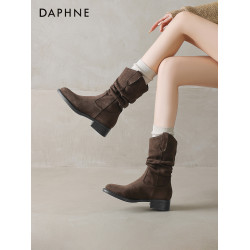 爆款美拉德中筒短靴子女2025新款秋西部牛仔堆堆靴厚底馬丁靴單靴