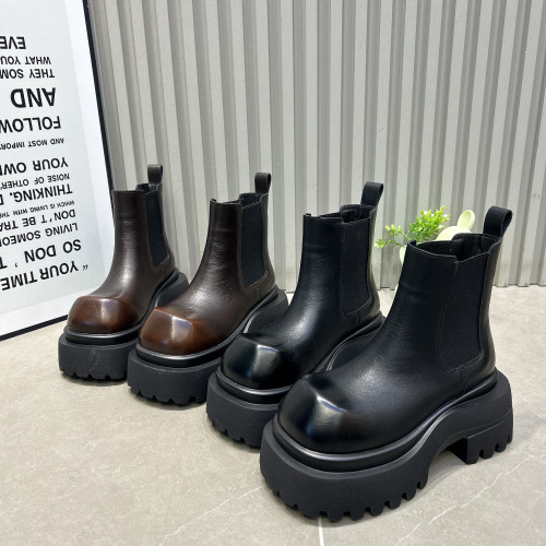 2025新款秋冬加絨大頭鵞頭厚底松糕馬丁靴女靴短筒套筒增高菸筒靴