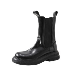 黑色靴子女內增高真皮復古厚底切爾西靴短靴中筒褶皺菸筒靴馬丁靴