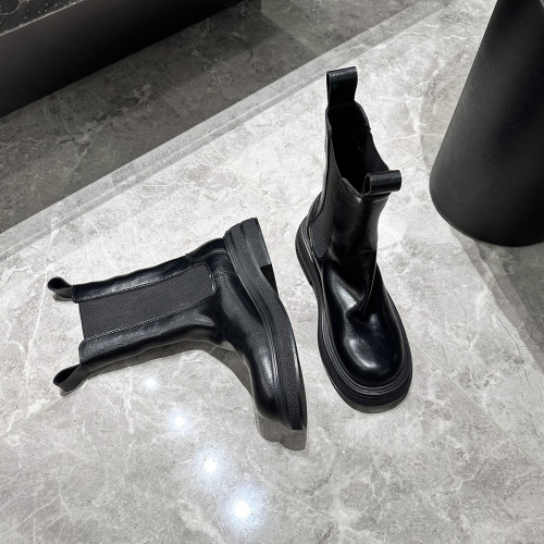 黑色靴子女內增高真皮復古厚底切爾西靴短靴中筒褶皺菸筒靴馬丁靴