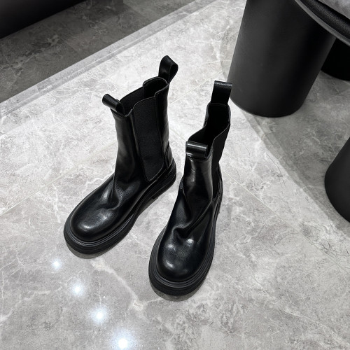 黑色靴子女內增高真皮復古厚底切爾西靴短靴中筒褶皺菸筒靴馬丁靴