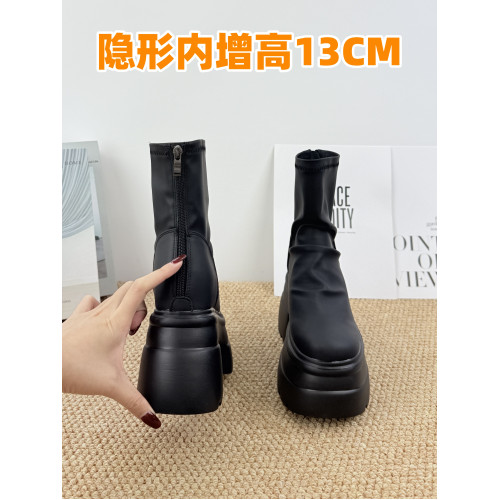 內增高13cm褶皺馬丁靴女黑色超厚底松糕菸筒靴英倫風彈力瘦瘦短靴