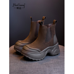 韓逛真皮厚底切爾西靴馬丁靴女2025新款復古短靴小個子秋冬菸筒靴