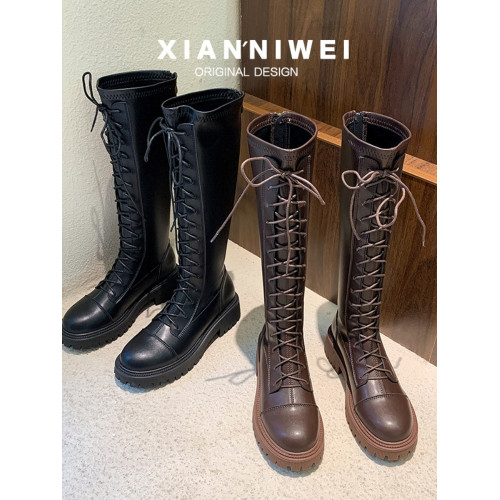 彈力靴厚底粗跟馬丁靴子女冬不過膝長筒靴系帶單靴高筒瘦瘦騎士靴