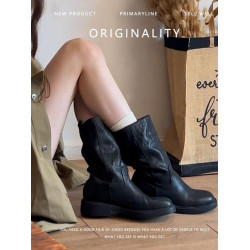 羊皮版~真皮法式褶皺復古中筒靴騎士靴女直筒英倫粗跟馬丁靴短靴