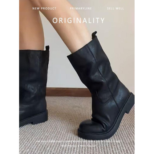 羊皮版~真皮法式褶皺復古中筒靴騎士靴女直筒英倫粗跟馬丁靴短靴