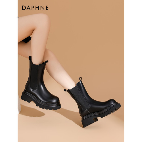 達芙妮菸筒靴女2026新款春秋長筒厚底增高耐磨馬丁靴女靴彈力靴子