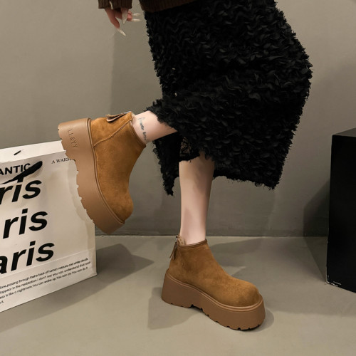 楊冪同款厚底增高煙囪大棉雪地靴女2025秋冬新款顯瘦復古勃肯短靴