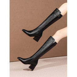 復古棕色真皮方頭騎士靴女2025新款冬季加絨粗跟長筒靴子女高筒靴