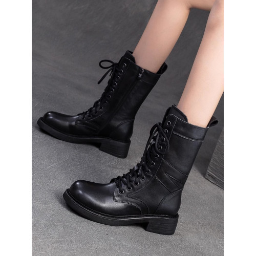 千秦秋冬全牛皮粗跟中筒黑色靴子時尚高筒靴厚底真皮復古馬丁靴女 千秦秋冬全牛皮粗跟中筒黑色靴子時尚高筒靴厚底真皮復古馬丁靴女