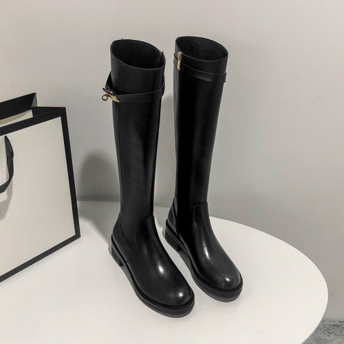 粗跟長筒靴不過膝長靴女2025年新款中跟矮個子黑色加絨高筒騎士靴
