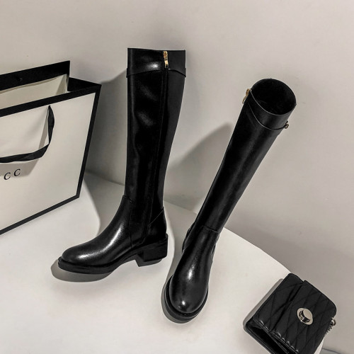 粗跟長筒靴不過膝長靴女2025年新款中跟矮個子黑色加絨高筒騎士靴