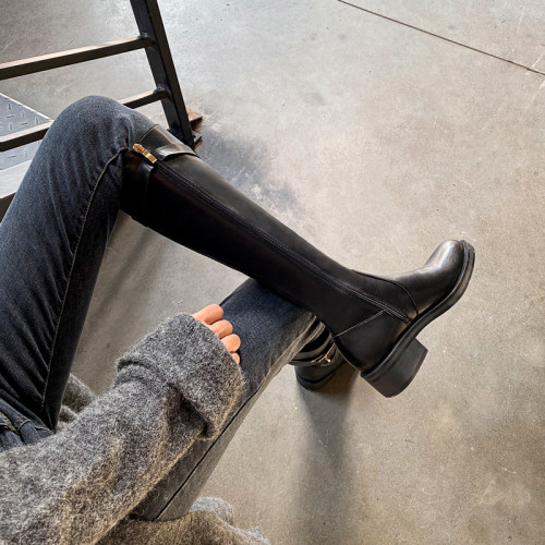 粗跟長筒靴不過膝長靴女2025年新款中跟矮個子黑色加絨高筒騎士靴