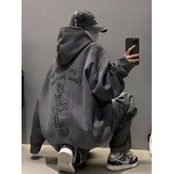 加絨連帽衛衣男款春秋季重磅麂皮絨字母高街舞服寬鬆帽衫外套粉色