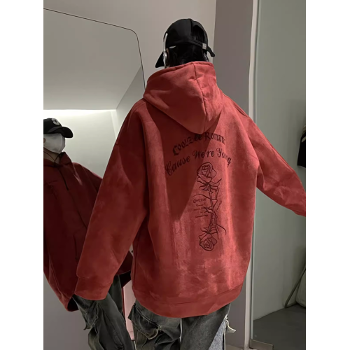 加絨連帽衛衣男款春秋季重磅麂皮絨字母高街舞服寬鬆帽衫外套粉色