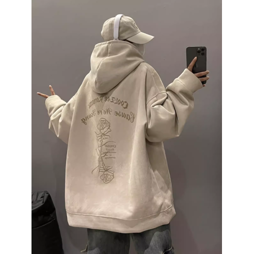 加絨連帽衛衣男款春秋季重磅麂皮絨字母高街舞服寬鬆帽衫外套粉色