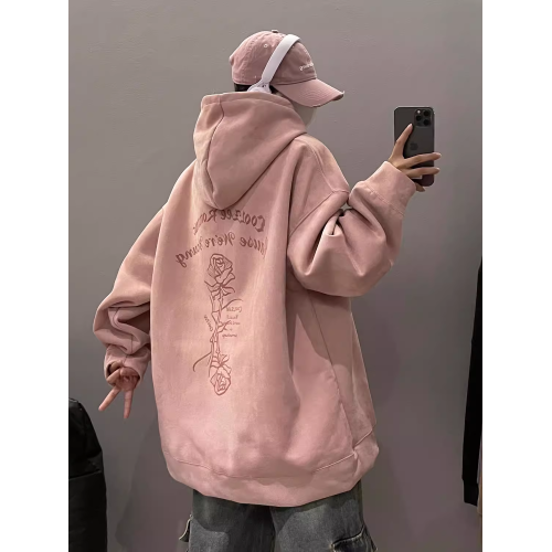 加絨連帽衛衣男款春秋季重磅麂皮絨字母高街舞服寬鬆帽衫外套粉色