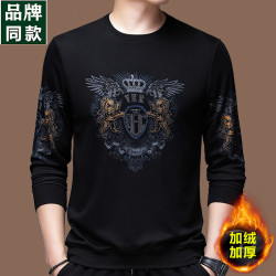 純棉衛衣男士加絨加厚冬季圓領印花中年長袖t恤保暖秋款休閒男裝