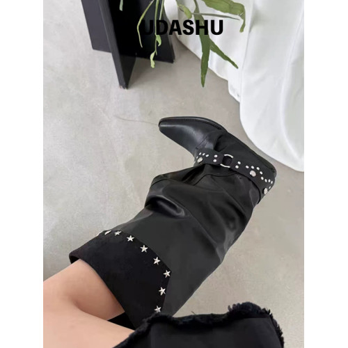 真皮~辣妹鉚釘尖頭褲琯長靴女復古皮帶釦粗跟騎士靴黑色堆堆靴女