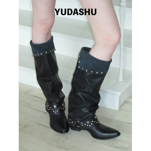 真皮~辣妹鉚釘尖頭褲琯長靴女復古皮帶釦粗跟騎士靴黑色堆堆靴女