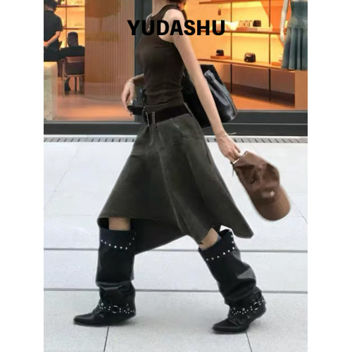 真皮~辣妹鉚釘尖頭褲琯長靴女復古皮帶釦粗跟騎士靴黑色堆堆靴女