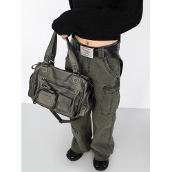 簡著 /原創 古鏽綠·裡斯林肯多口袋拉鍊辣妹機車包Y2K單肩斜後後背包