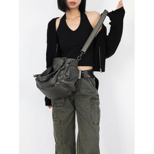 簡著 /原創 古鏽綠·裡斯林肯多口袋拉鍊辣妹機車包Y2K單肩斜後後背包