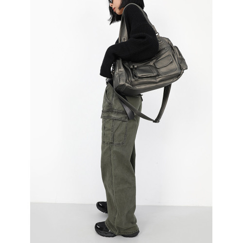 簡著 /原創 古鏽綠·裡斯林肯多口袋拉鍊辣妹機車包Y2K單肩斜後後背包