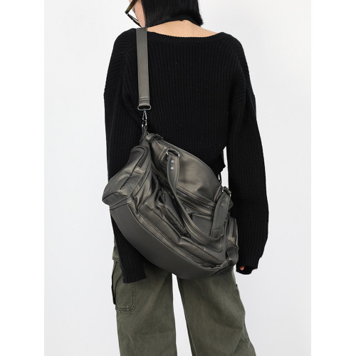 簡著 /原創 古鏽綠·裡斯林肯多口袋拉鍊辣妹機車包Y2K單肩斜後後背包