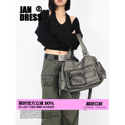 簡著 /原創 古鏽綠·裡斯林肯多口袋拉鍊辣妹機車包Y2K單肩斜後後背包